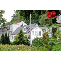 837_4423 Häuserzeile in Neumühlen - blühende Rosen im Vorgarten. | 